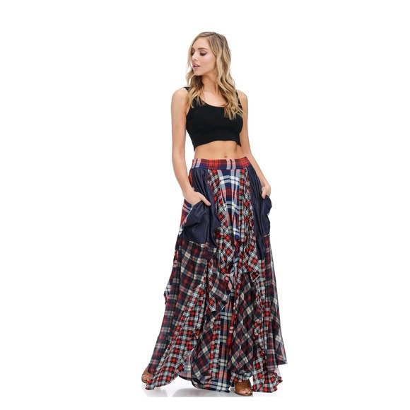 Kosmios Dresses & Skirts - Kosmios Boho Plaid Patchwork Maxi Skirt Draped Pockets Festival Size L